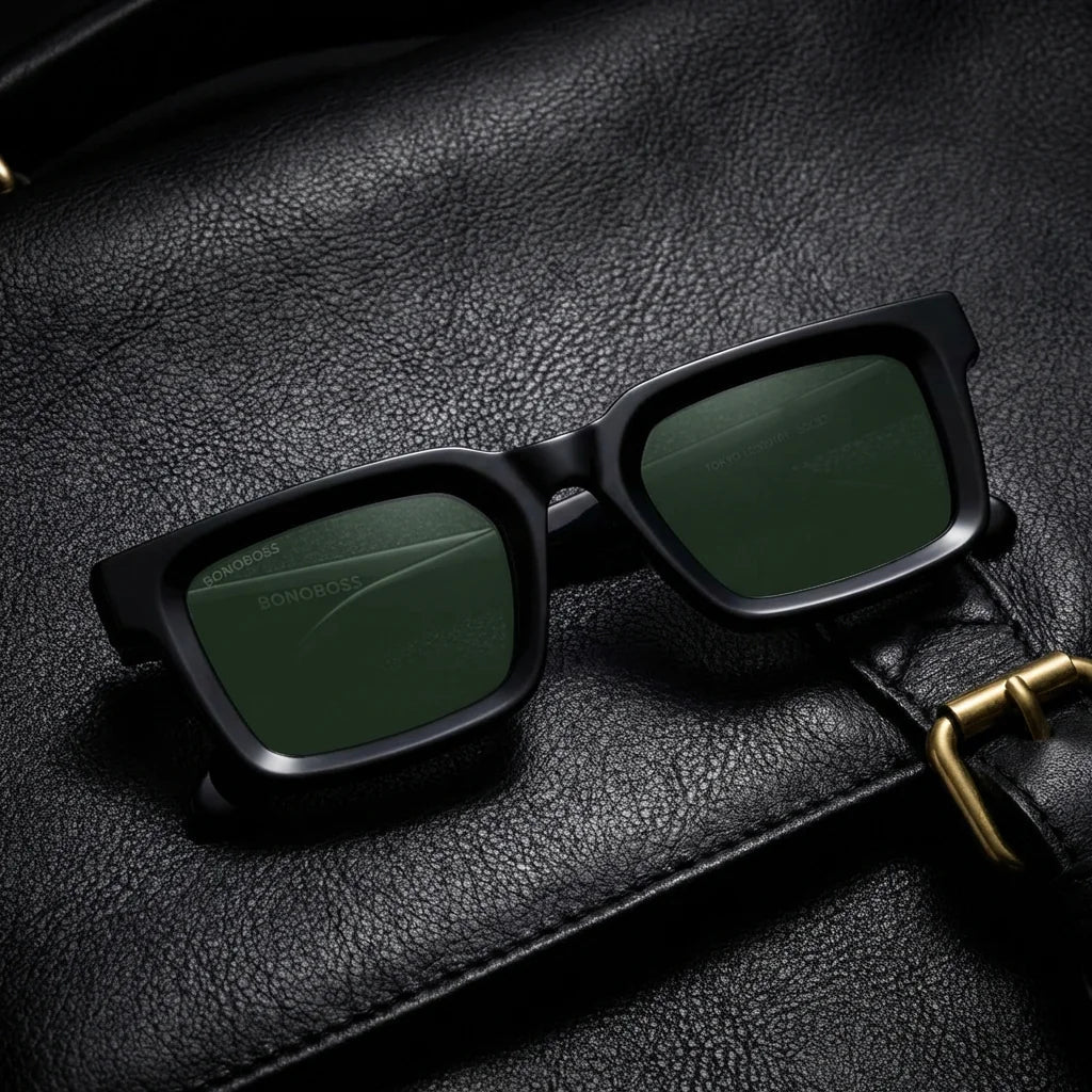 Lentes sol Tokyo polarizados UV400 bio-acetato square negro sobre cuero negro detalle brass premium Bonoboss #editorial_grid1 #color_negro