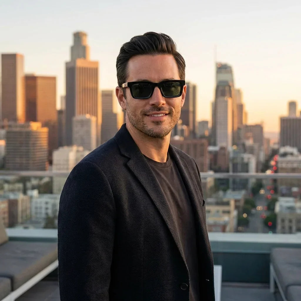 Hombre usando lentes sol Tokyo bio-acetato polarizados negro look urbano ciudad moderna estilo diario Bonoboss #editorial_detail2 #color_negro