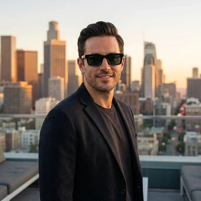 Hombre usando lentes sol Tokyo bio-acetato polarizados negro look urbano ciudad moderna estilo diario Bonoboss #editorial_detail2 #color_negro