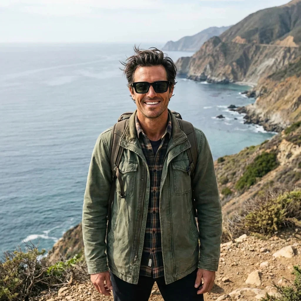 Hombre usando lentes sol Tokyo bio-acetato polarizados negro aventura outdoor montaña naturaleza proteccion Bonoboss #editorial_sustentabilidad #color_negro