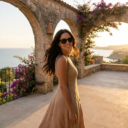 Mujer usando lentes sol Tokyo bio-acetato polarizados negro atardecer golden hour estilo urbano elegante Bonoboss #editorial_banner #color_negro