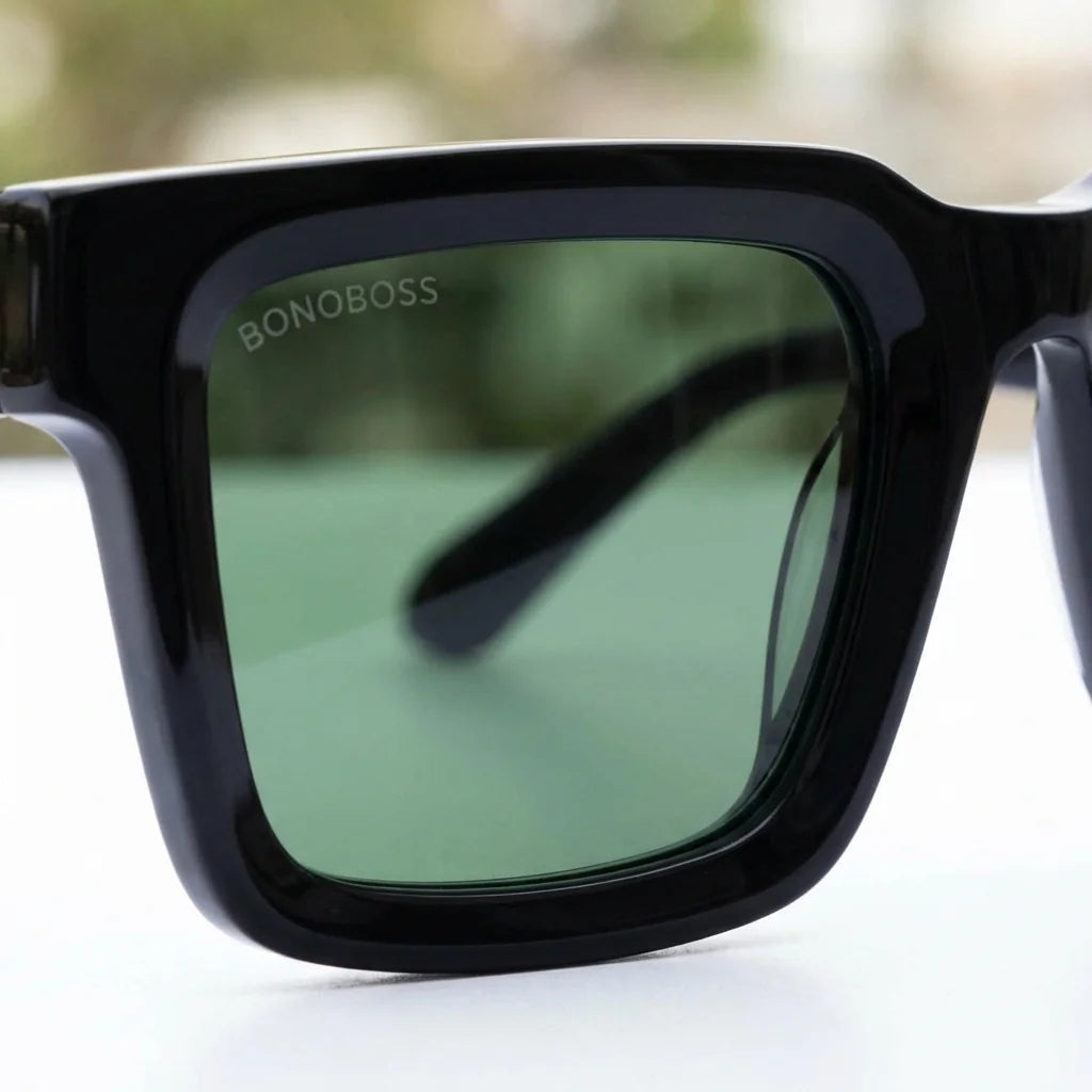 Lentes sol Tokyo polarizados UV400 bio-acetato square negro detalle lente coating espejado alta precision Bonoboss #editorial_polarizado #color_negro