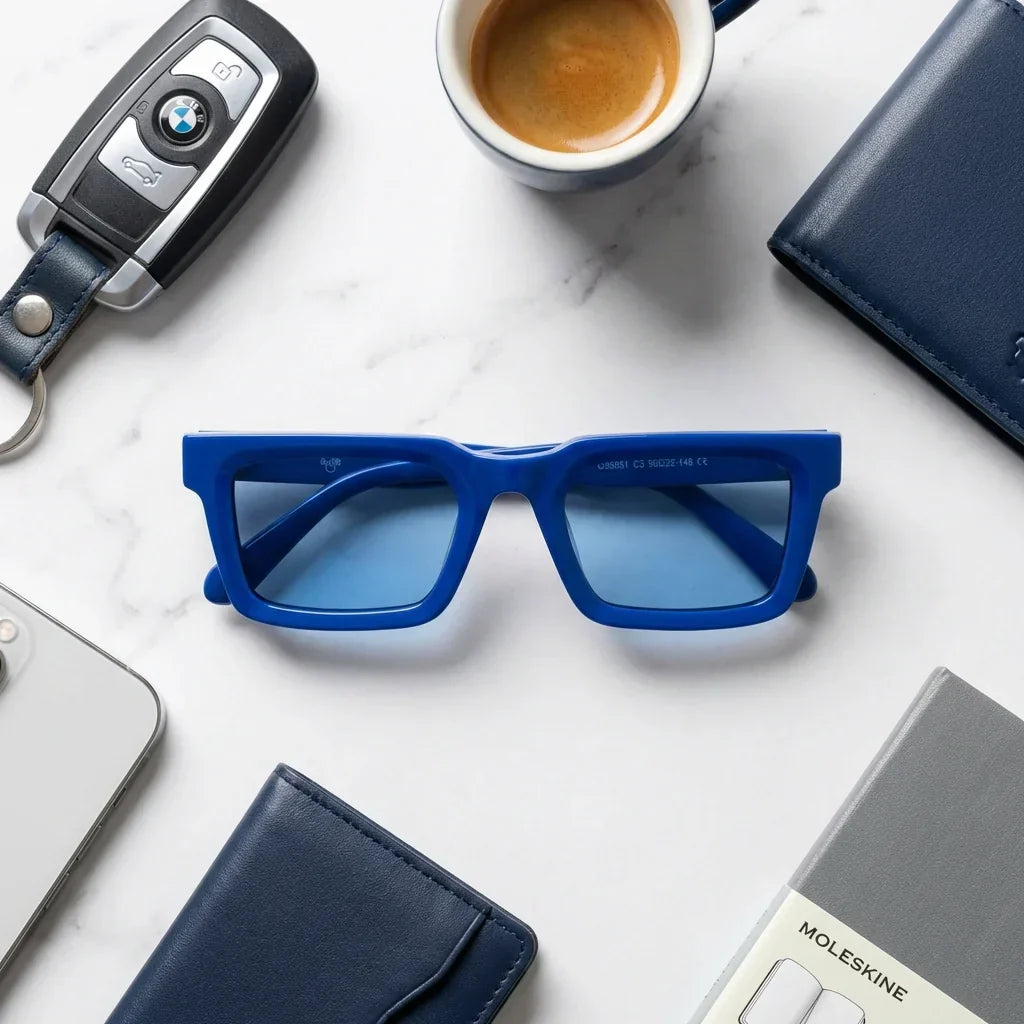 Lentes sol Tokyo polarizados bio-acetato square azul composicion urban kit look moderno accesorios Bonoboss #editorial_grid2 #color_azul