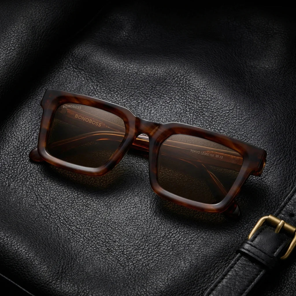 Lentes sol Tokyo polarizados UV400 bio-acetato square brown sobre cuero y brass textura premium noble Bonoboss #editorial_grid1 #color_brown