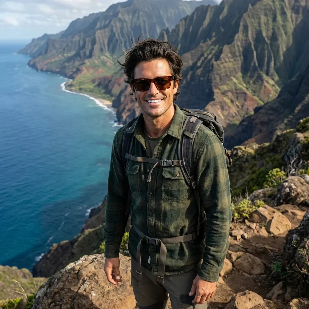 Hombre usando lentes sol Tokyo bio-acetato polarizados brown aventura outdoor sendero montaña activo Bonoboss #editorial_sustentabilidad #color_brown