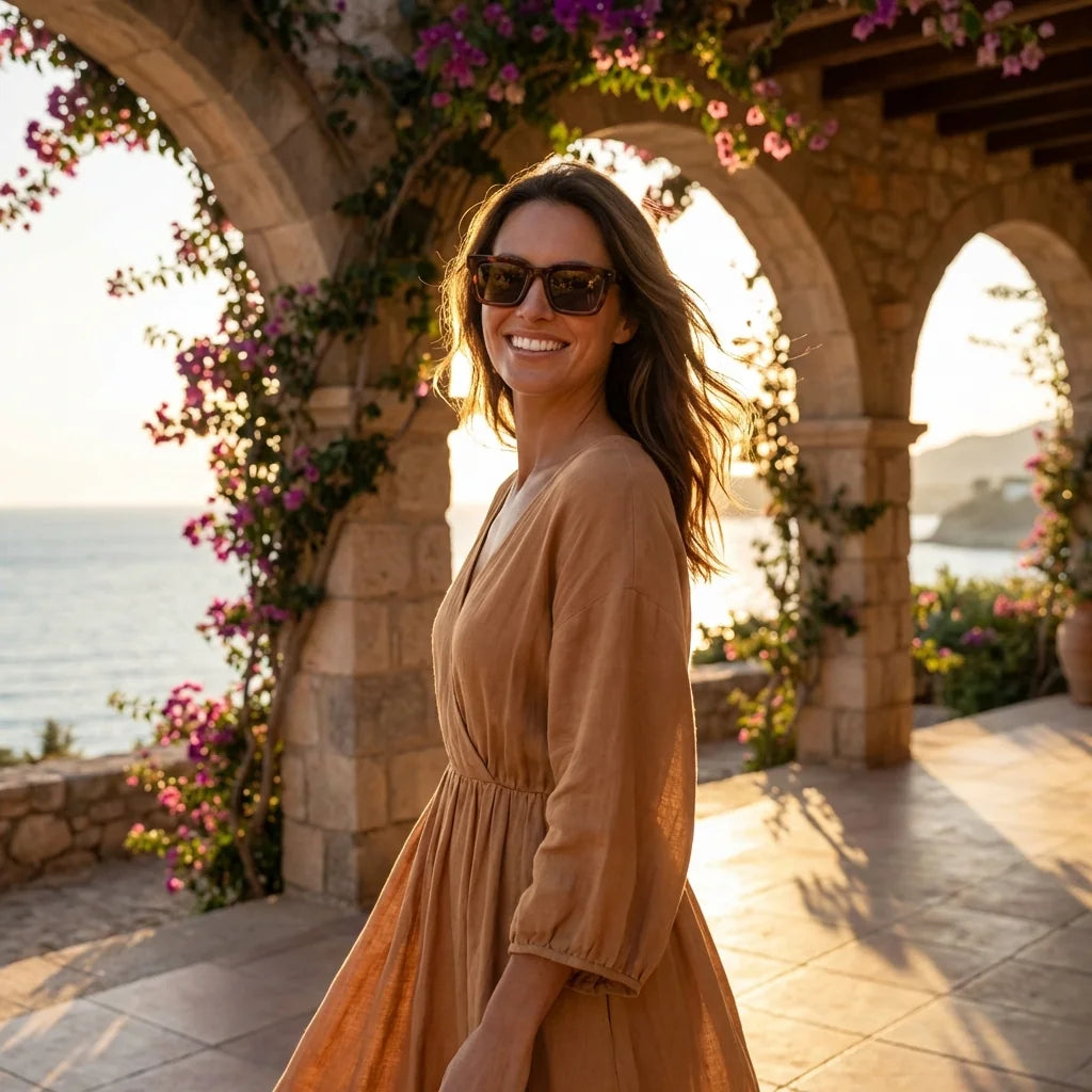 Mujer usando lentes sol Tokyo bio-acetato polarizados brown golden hour atardecer tonos calidos elegante Bonoboss #editorial_banner #color_brown