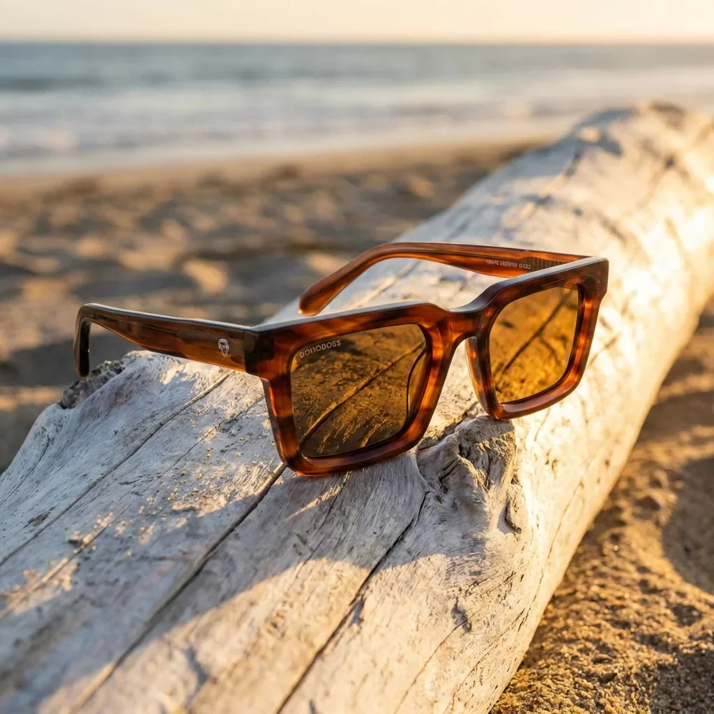 Lentes sol Tokyo polarizados bio-acetato brown sobre driftwood dorado reflejo lente paisaje costero Bonoboss #editorial_detail2 #color_brown