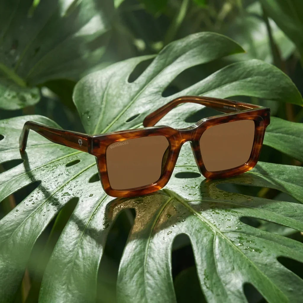 Lentes sol Tokyo polarizados bio-acetato square brown entre vegetacion tropical botanico tonos tierra Bonoboss #editorial_grid2 #color_brown