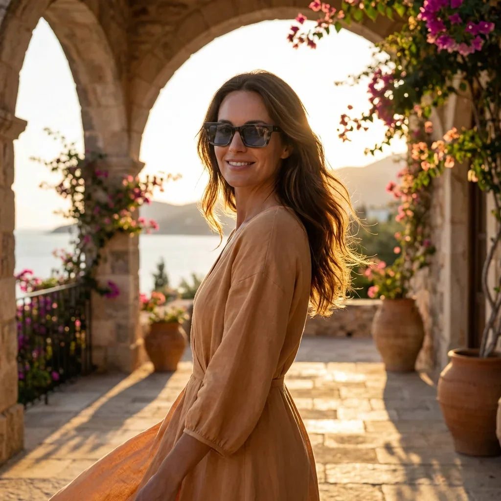 Mujer usando lentes sol Tokyo bio-acetato polarizados stained atardecer golden hour estilo unico Bonoboss #editorial_banner #color_stained