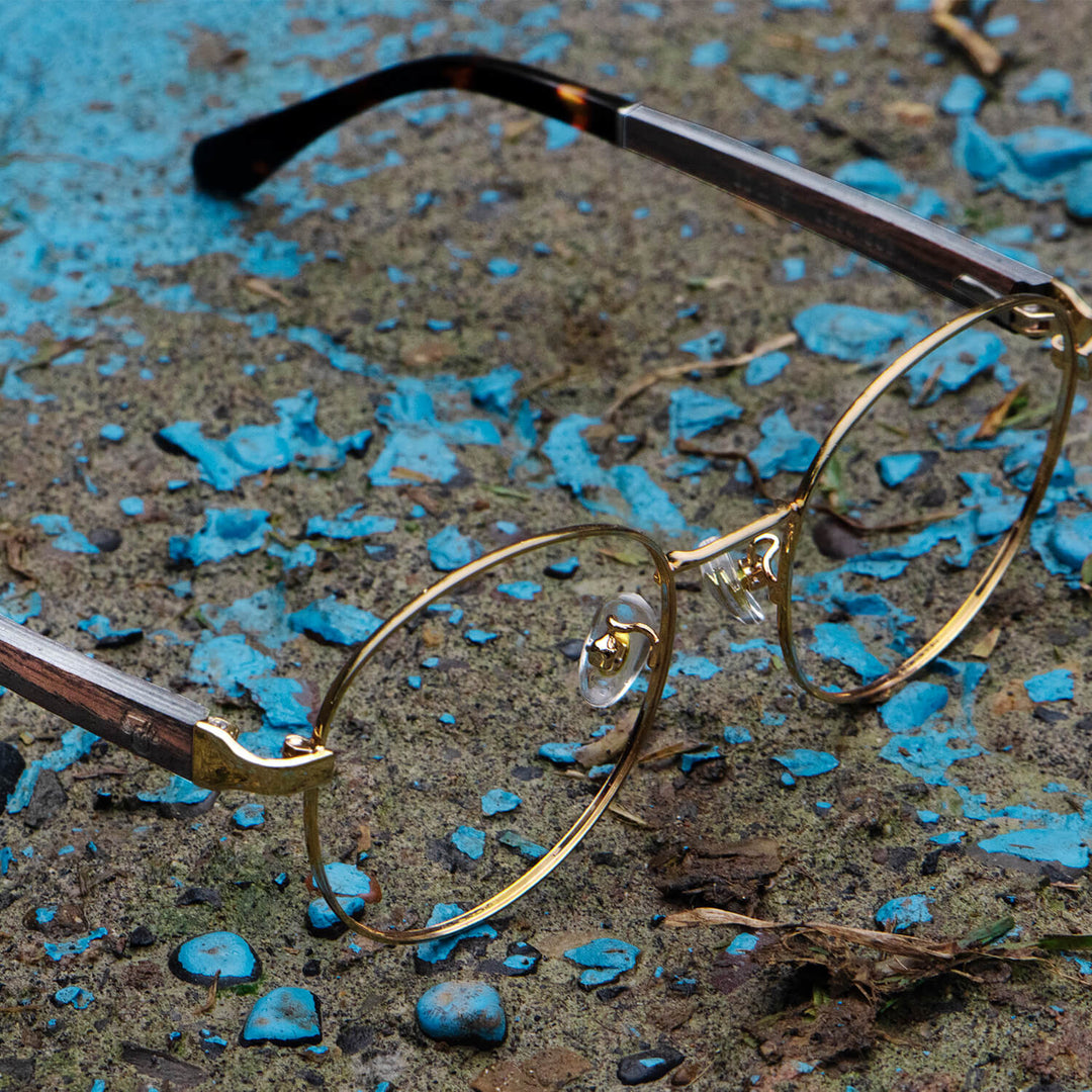 Marcos lenses optical round color gold wooden temple frame metal blue light filter men women Bonoboss #color_dorado