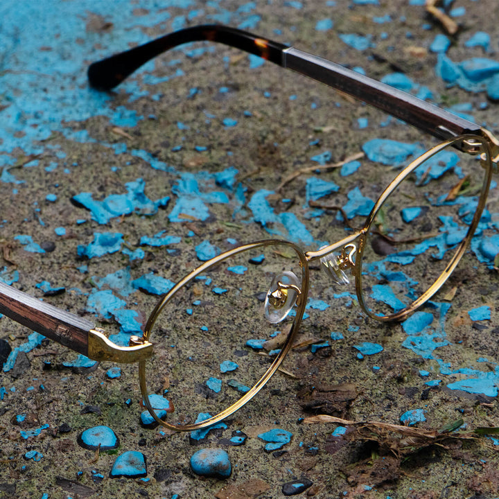 Marcos lenses optical round color gold wooden temple frame metal blue light filter men women Bonoboss #color_dorado