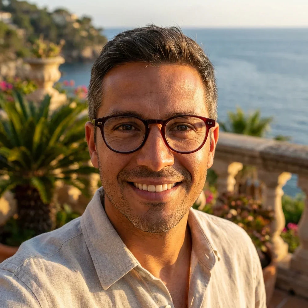 Lentes para leer Paine Burdeo con filtro azul y armazón redondo burdeo de plástico reciclado, usados por un hombre