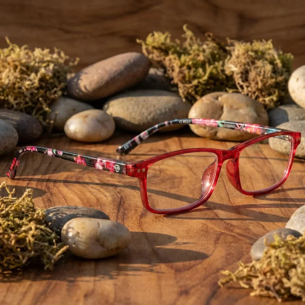 Side view lenses lectura sanzana red triple proteccion luz blue UV400 antirreflejo rpet recycled bonoboss