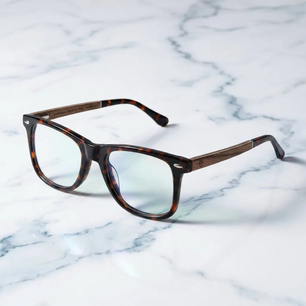 Lentes anti luz azul Acacia en carey, vista de detalle, bioacetato con madera natural #editorial_armazon #color_carey