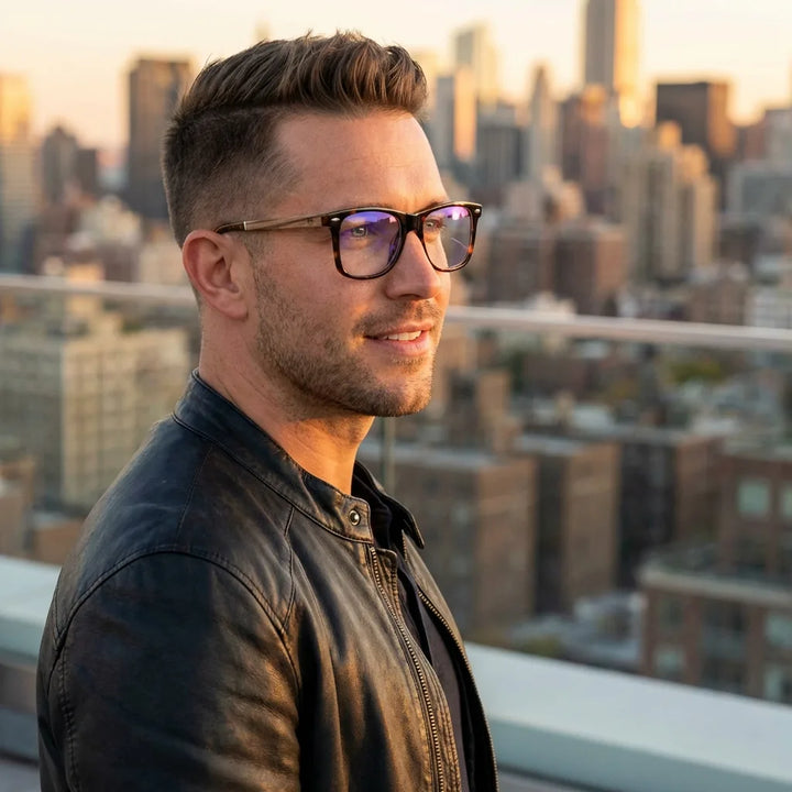 Hombre usando lentes anti luz azul Acacia en color carey, al atardecer, bioacetato con madera natural #editorial_lifestyle1 #color_carey