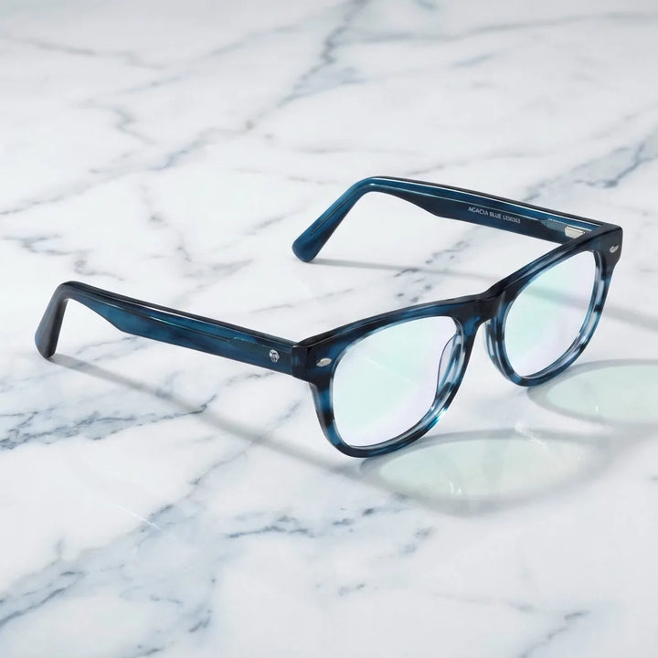Lenses optical acacia blue sobre mármol white elegante frame premium bonoboss #editorial_armazon #color_azul