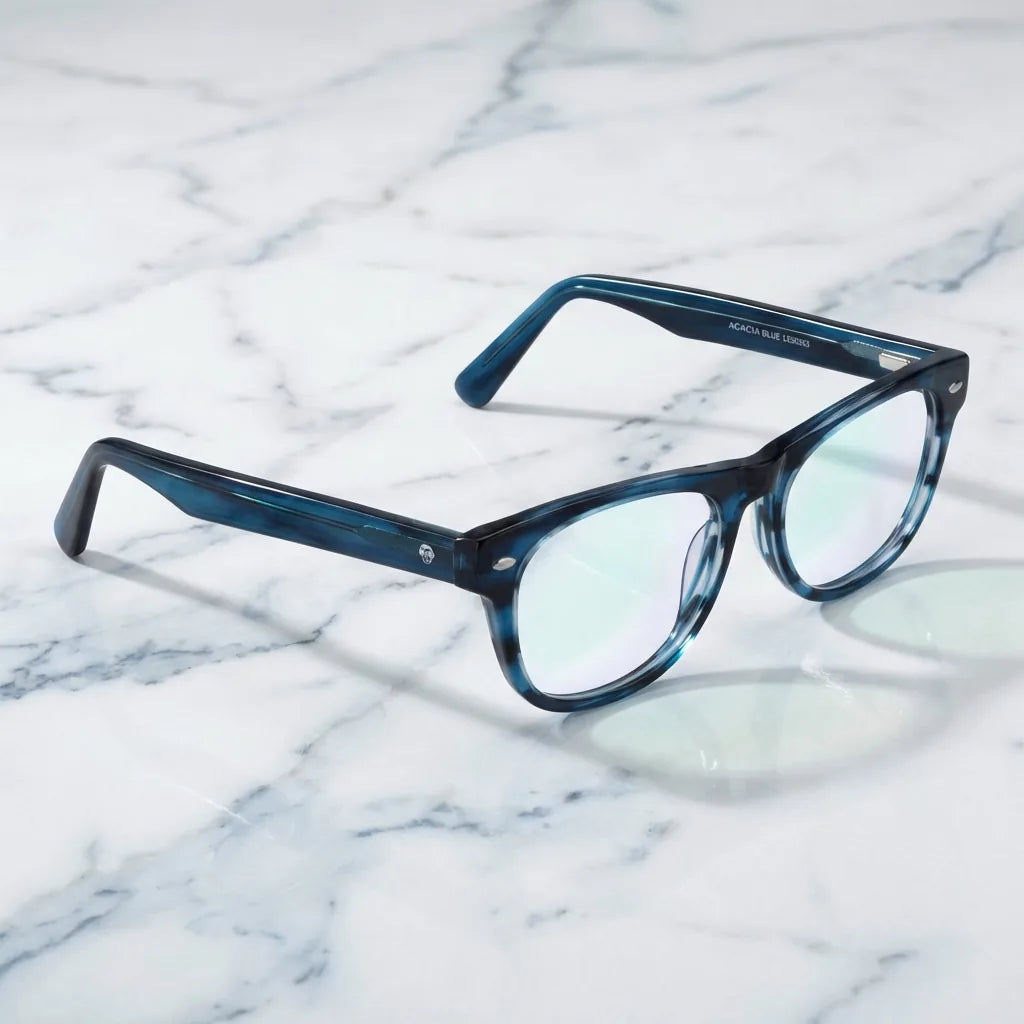 Lenses optical acacia blue sobre mármol white elegante frame premium bonoboss #editorial_armazon #color_azul