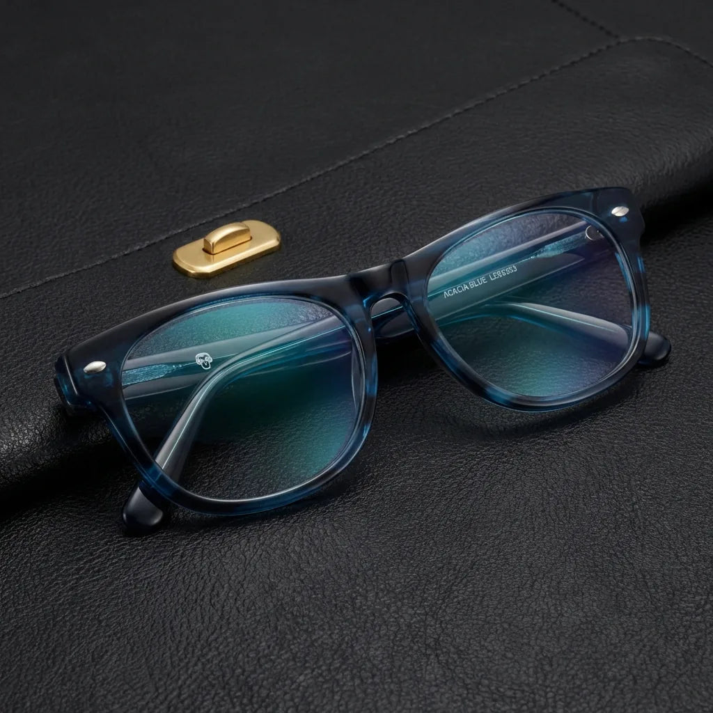 Lenses optical acacia blue sobre black leather with detalle brass gold calidad premium prescription bonoboss #editorial_banner_confianza #color_azul