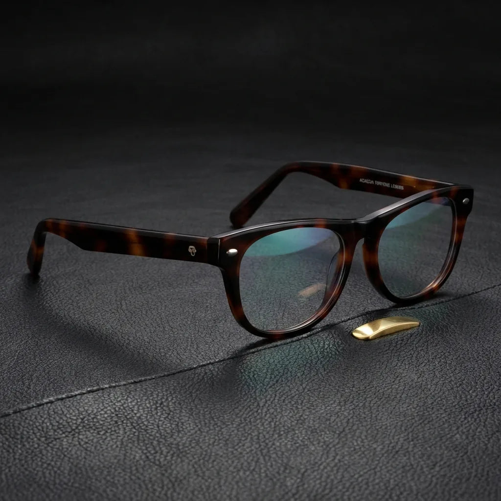 Lenses optical acacia tortoise sobre black leather with detalle brass gold calidad premium prescription bonoboss #editorial_banner_confianza #color_carey