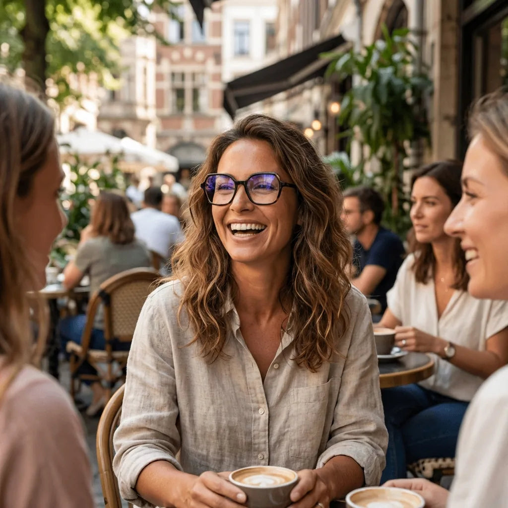 Lenses optical alba tortoise women in café with amigas ambiente social bonoboss #editorial_lifestyle1 #color_carey