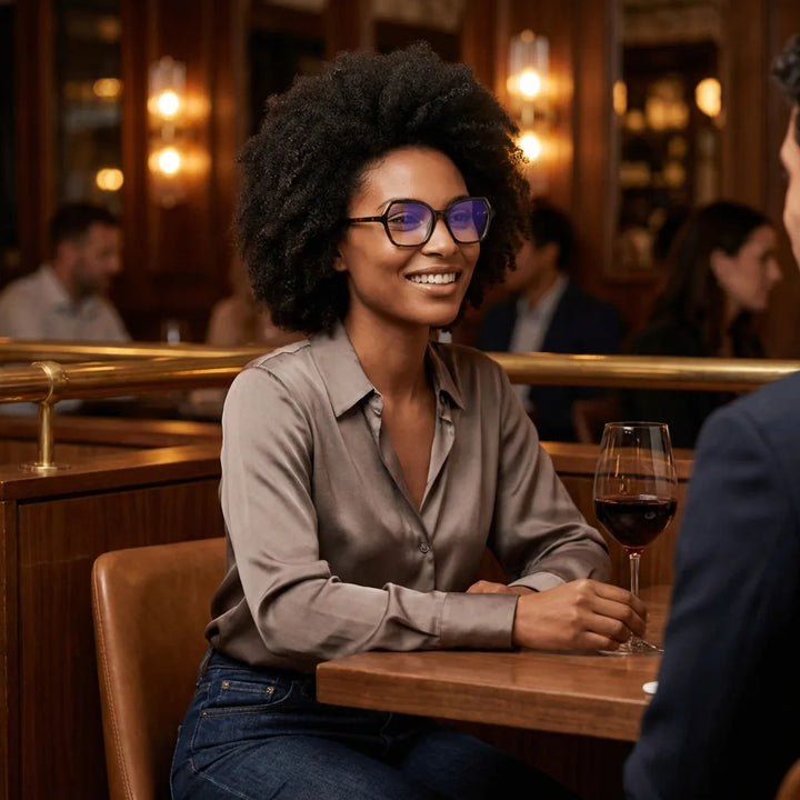 Lenses optical alba tortoise women in bar casual ambiente relajado bonoboss #editorial_lifestyle4 #color_carey