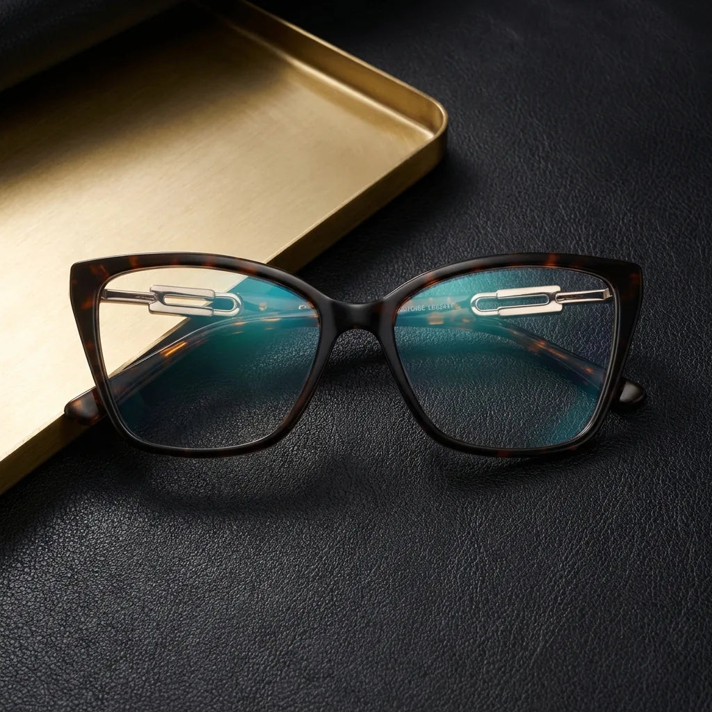 Lenses optical amy tortoise sobre black leather with detalle brass gold calidad premium prescription bonoboss #editorial_banner_confianza #color_carey