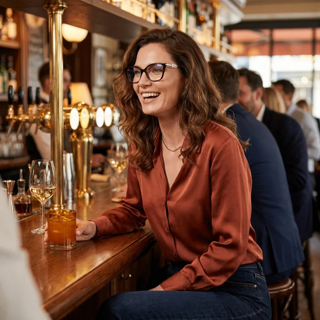 Lenses optical amy tortoise women in bar casual ambiente relajado bonoboss #editorial_lifestyle4 #color_carey