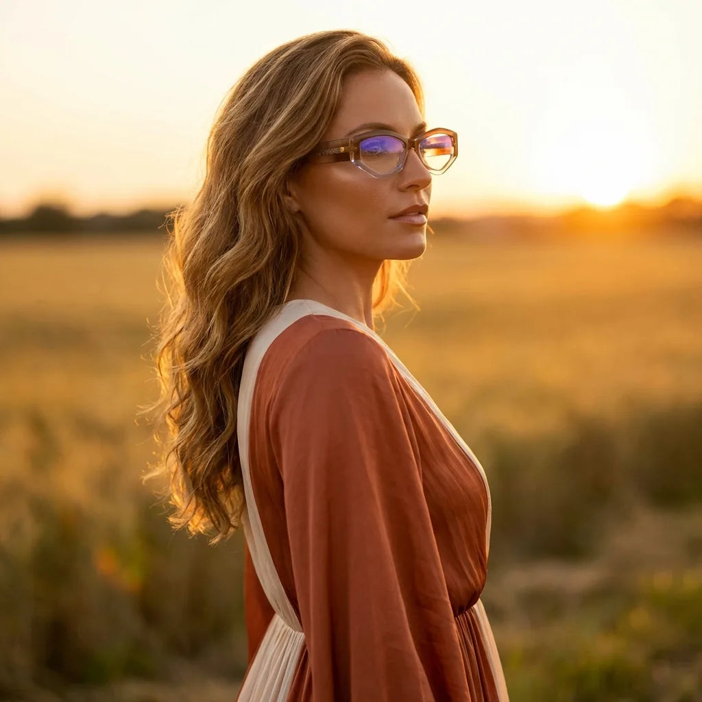 Lenses optical artemisa honey crystal women in luz dorada golden hour elegante bonoboss #editorial_lifestyle2 #color_honey-crystal