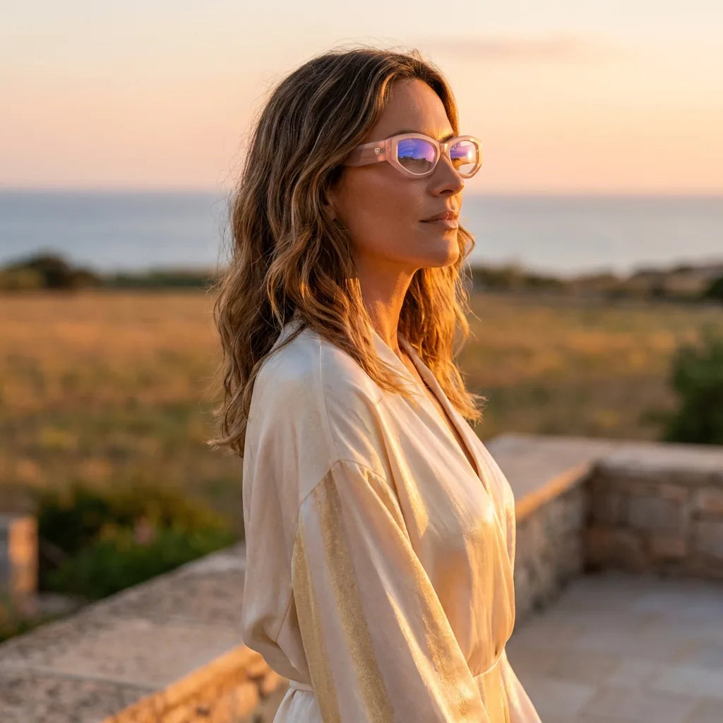 Lenses optical artemisa pink women in luz dorada golden hour elegante bonoboss #editorial_lifestyle1 #color_pink