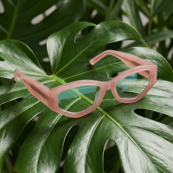 Lenses optical artemisa pink entre hojas botánicas naturales diseño sustainable bonoboss #editorial_sustentabilidad #color_pink