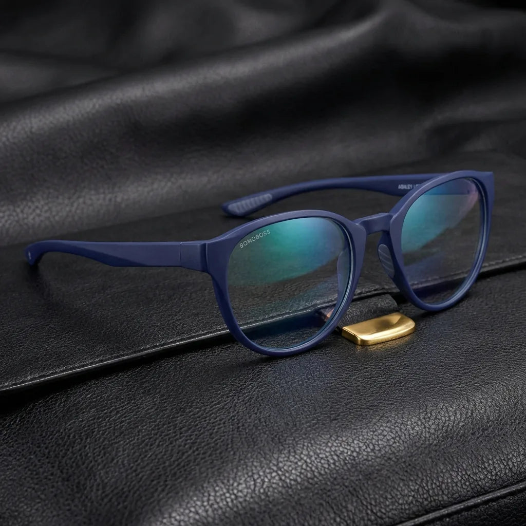 Lenses optical ashley blue sobre black leather with detalle brass gold calidad premium prescription bonoboss #editorial_banner_confianza #color_azul