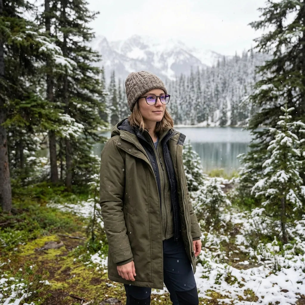 Lenses optical ashley brown modelo with gorro in bosque nevado invernal bonoboss #editorial_lifestyle1 #color_brown