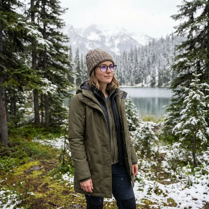 Lenses optical ashley brown modelo with gorro in bosque nevado invernal bonoboss #editorial_lifestyle1 #color_brown