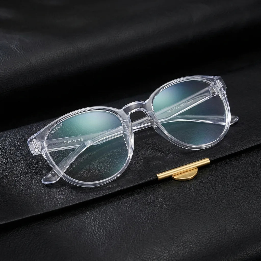 Lenses optical ashley clear sobre black leather with detalle brass gold calidad premium prescription bonoboss #editorial_banner_confianza #color_transparente