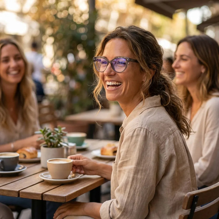 Lenses optical aurora gray women in café with amigas ambiente social bonoboss #editorial_lifestyle1 #color_gris