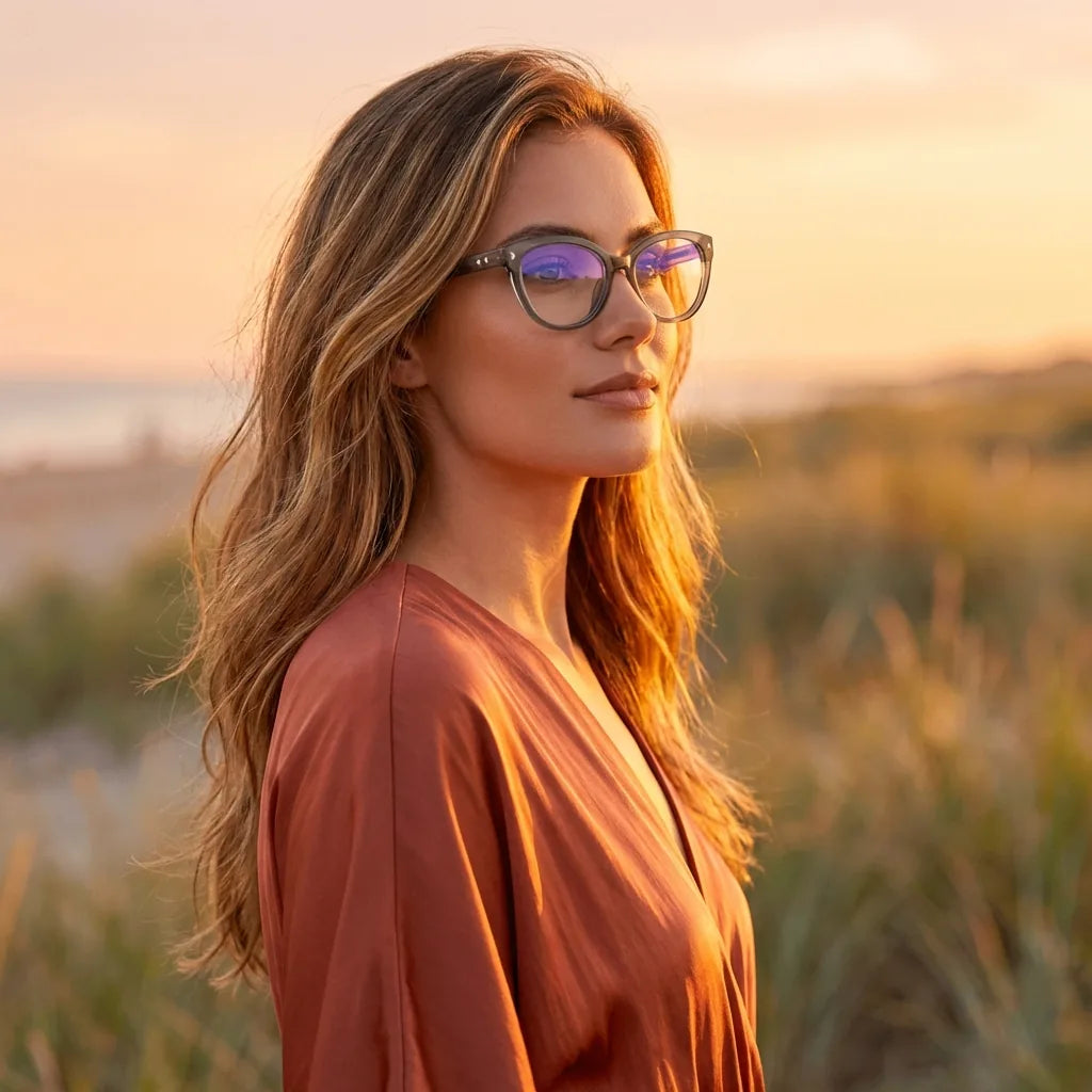 Lenses optical aurora gray women in luz dorada golden hour elegante bonoboss #editorial_lifestyle2 #color_gris