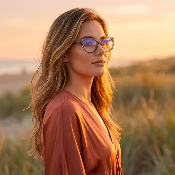 Lenses optical aurora gray women in luz dorada golden hour elegante bonoboss #editorial_lifestyle2 #color_gris