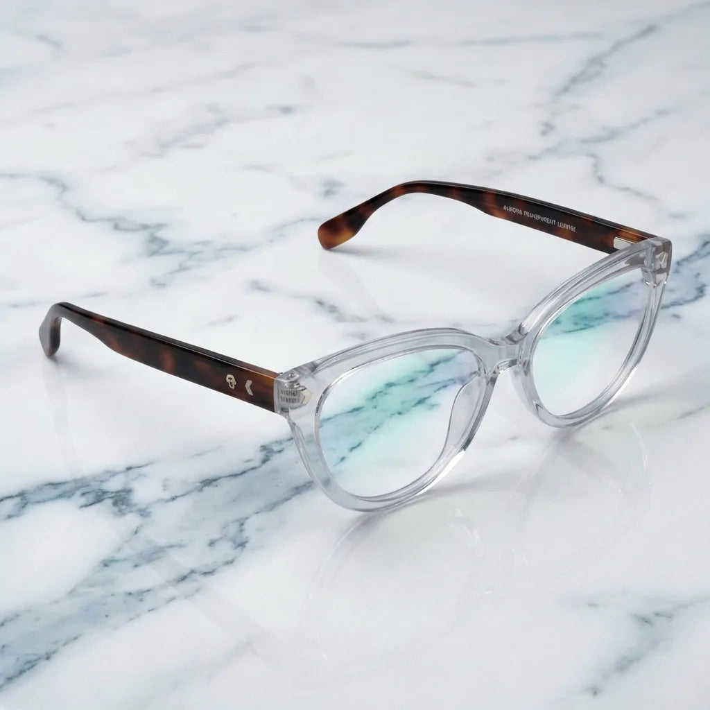 Lenses optical aurora clear sobre mármol white elegante frame premium bonoboss #editorial_armazon #color_transparente