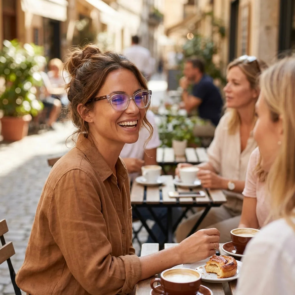 Lenses optical aurora clear women in café with amigas ambiente social bonoboss #editorial_lifestyle1 #color_transparente