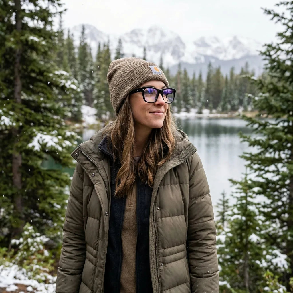 Lenses optical barcelona 1 clear modelo with gorro in bosque nevado invernal bonoboss #editorial_lifestyle1 #color_transparente