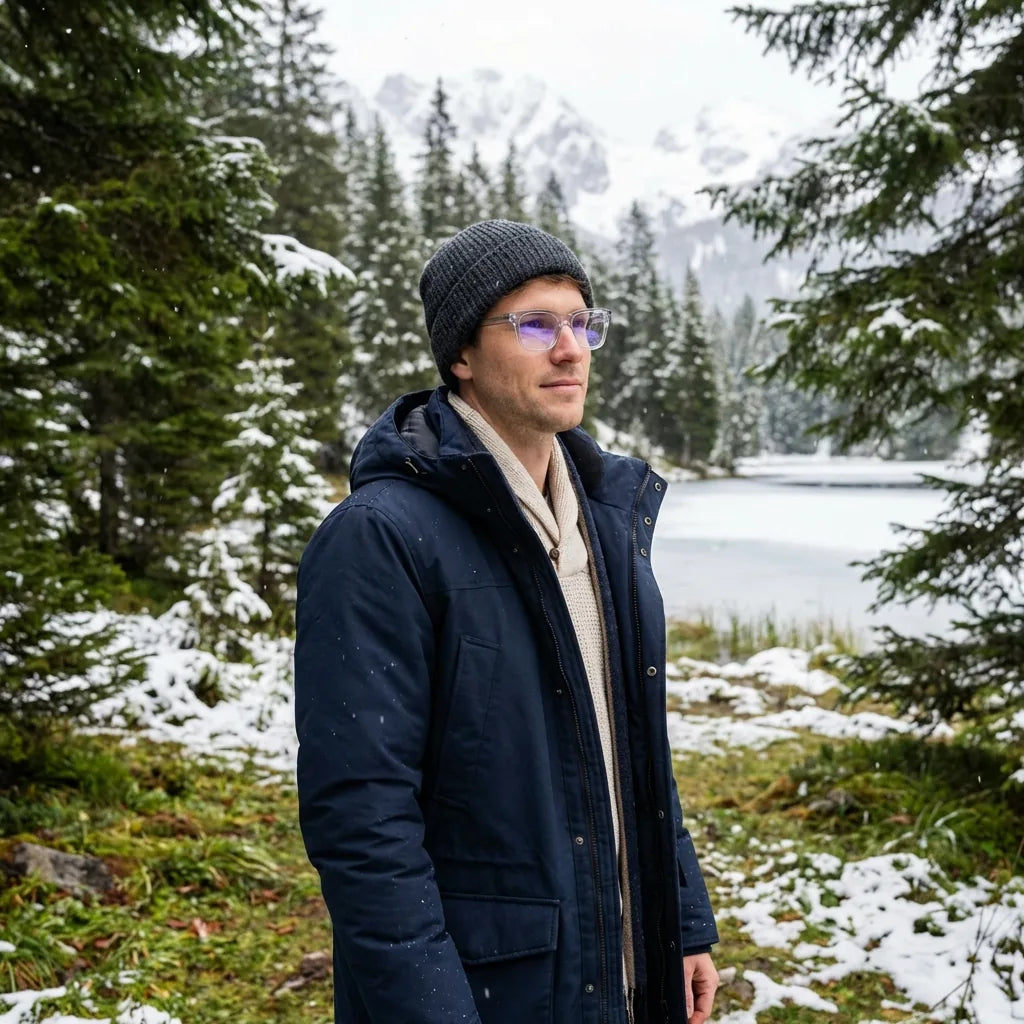 Lenses optical barcelona 1 black modelo with gorro in bosque nevado invernal bonoboss #editorial_lifestyle1 #color_negro