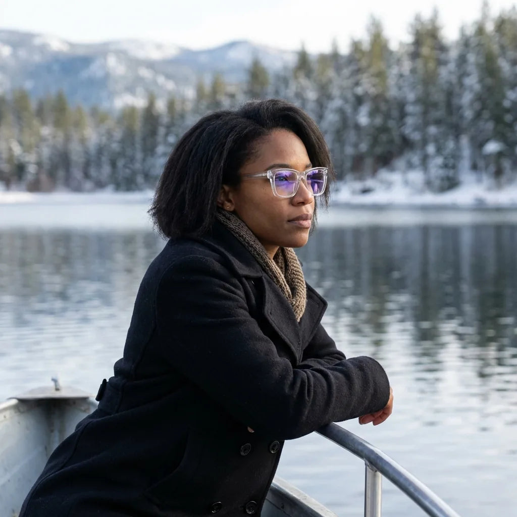 Lenses optical barcelona 1 clear modelo in barco lago with bosque nevado bonoboss #editorial_lifestyle2 #color_transparente