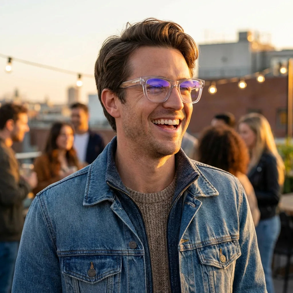 Lenses optical barcelona 1 clear modelo in contexto social urbano profesional bonoboss #editorial_lifestyle4 #color_transparente
