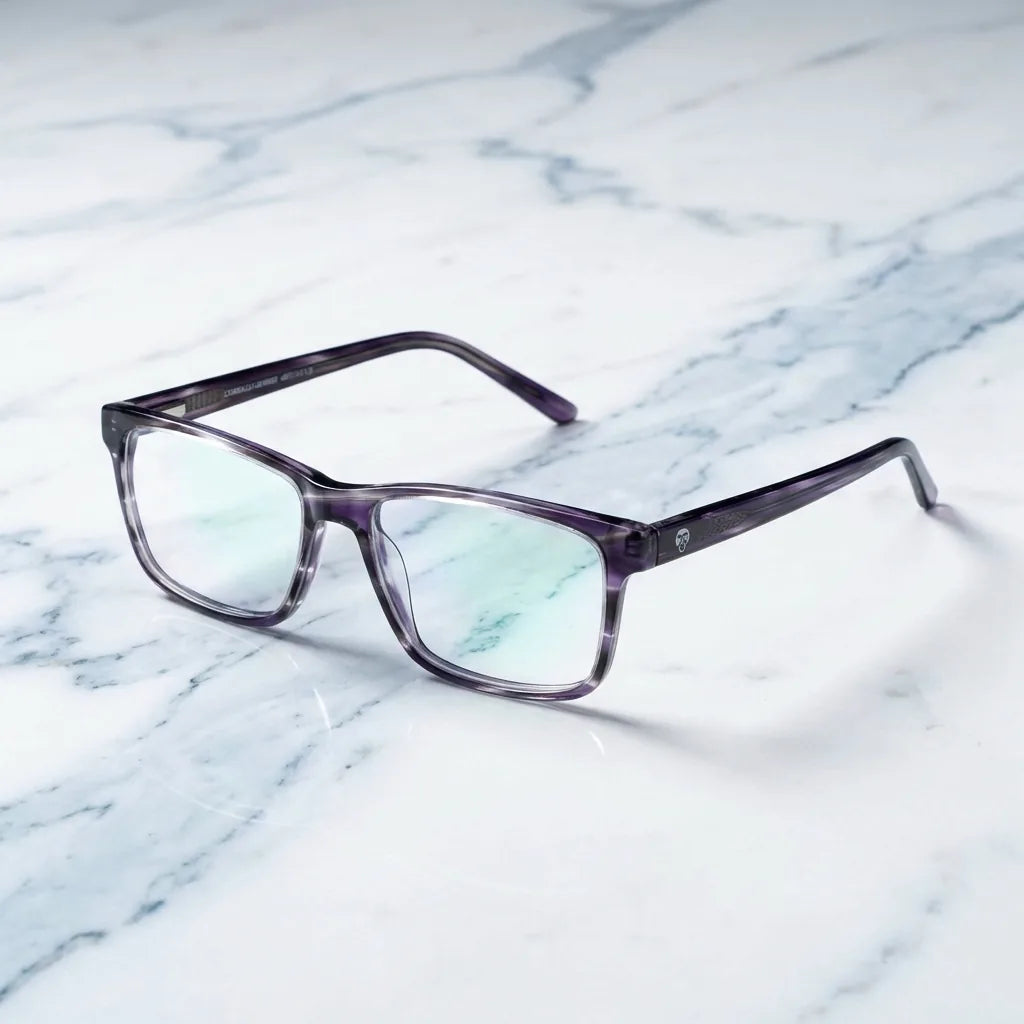 Lenses optical canelillo purple sobre mármol white elegante frame premium bonoboss #editorial_armazon #color_morado