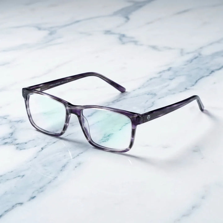 Lenses optical canelillo purple sobre mármol white elegante frame premium bonoboss #editorial_armazon #color_morado