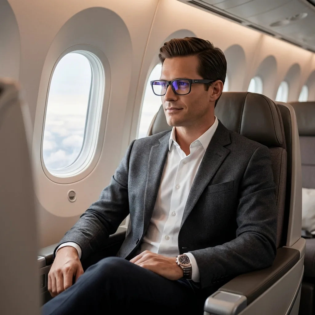 Lenses optical canelo black men ejecutivo in avión business class bonoboss #editorial_lifestyle4 #color_black