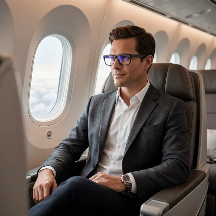 Lenses optical canelo black men ejecutivo in avión business class bonoboss #editorial_lifestyle4 #color_black