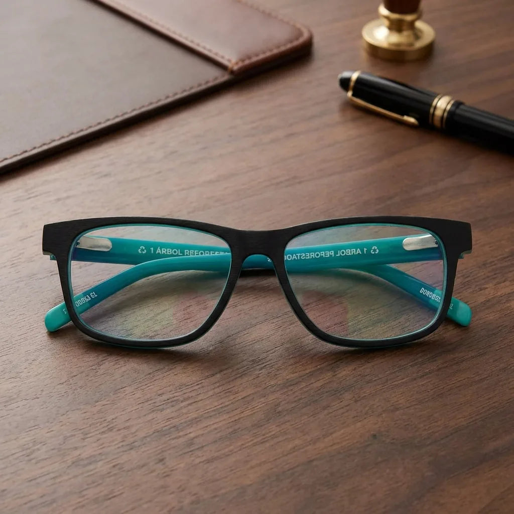 Lenses optical canelo darkblue sobre escritorio wooden premium frame premium bonoboss #editorial_armazon #color_darkblue