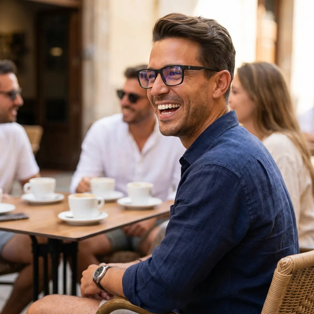 Lenses optical canelo black men in café with amigos ambiente social bonoboss #editorial_lifestyle1 #color_negro