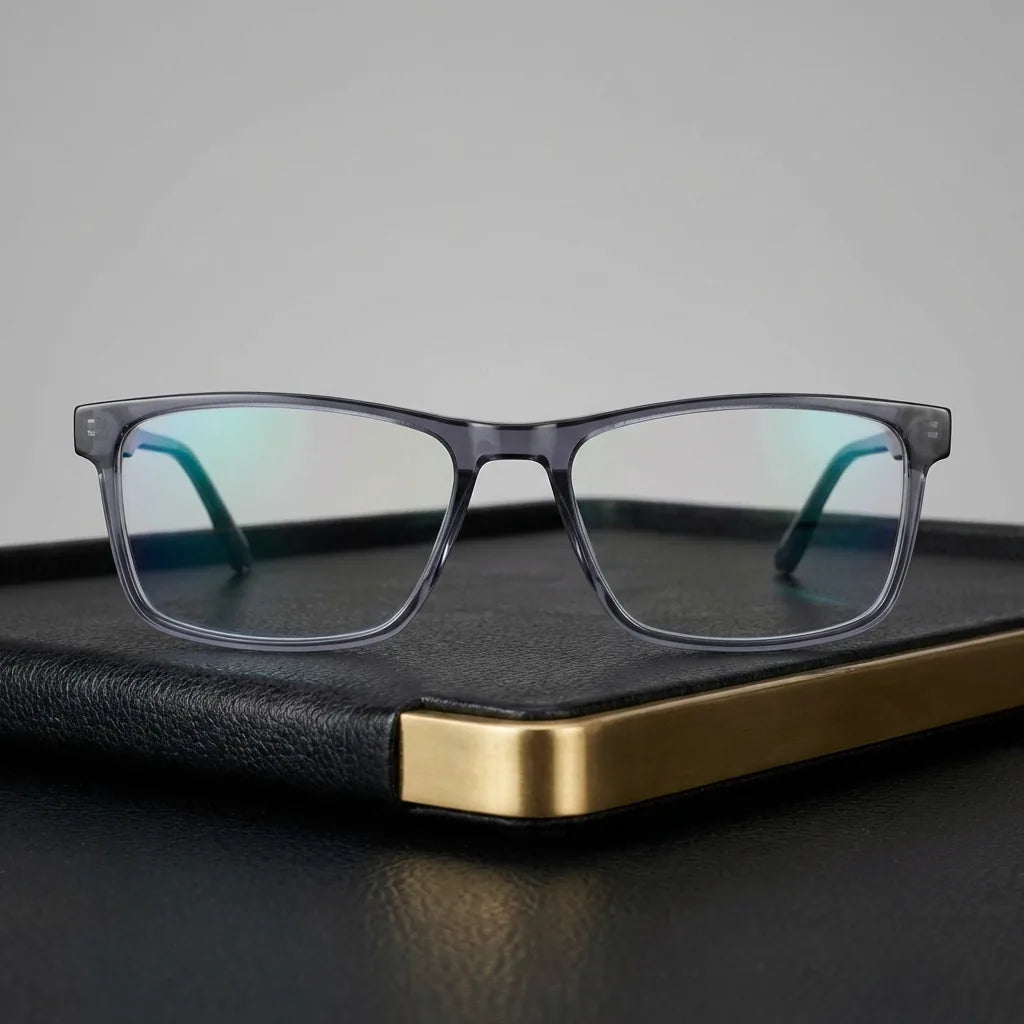 Lenses optical canelo clear sobre black leather with detalle brass gold calidad premium prescription bonoboss #editorial_banner_confianza #color_transparente